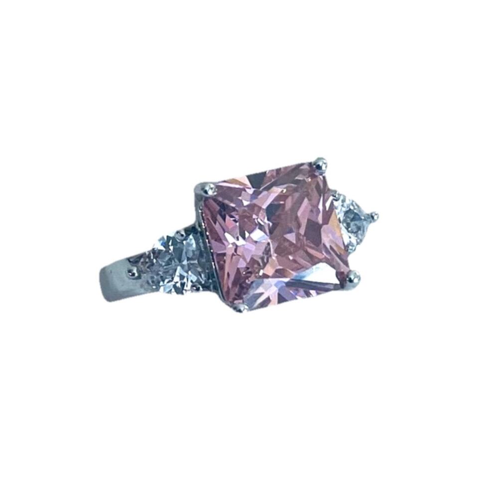 Ring Princess Cut Pink Cubic Zirconia Clear Heart CZ Silver Tone